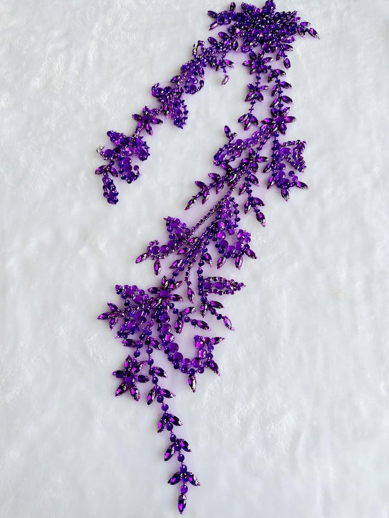 PLune Handmade Shining Acrylic Rhinestones on lace Applique Sewing Beads Stones Trim Patches Accessories for Wedding Dress (Purple) - Image 5